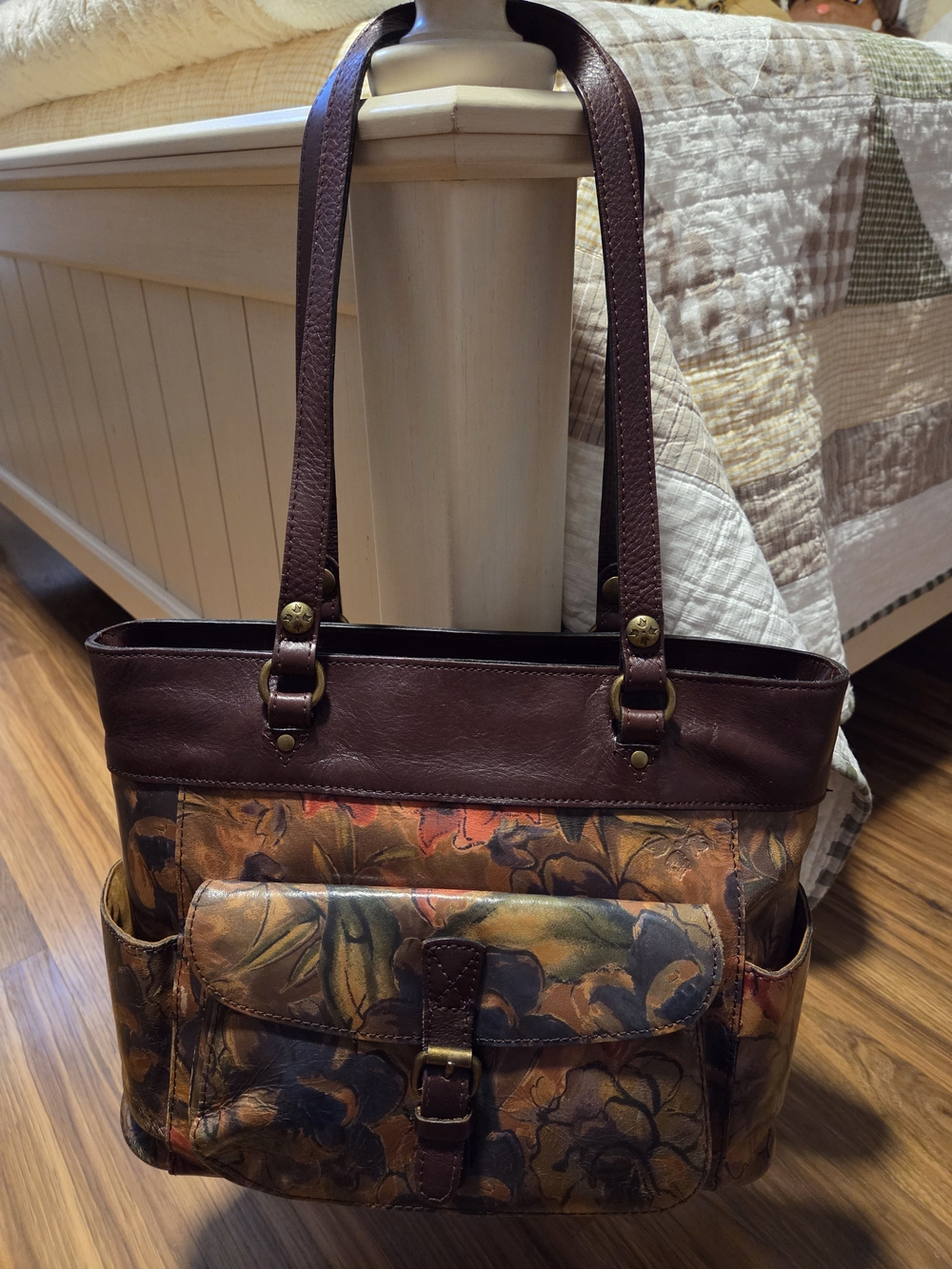 Patricia Nash Brown Floral Leather Shoulder Tote
